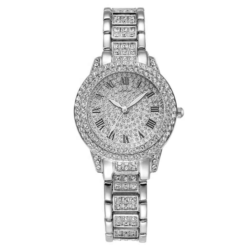 Fashion Full Crystal Diamond Roman Literal Steel Band Watches Bracelet Set for Men Women HipHop Diamond Wrist Watch Bracelet Set