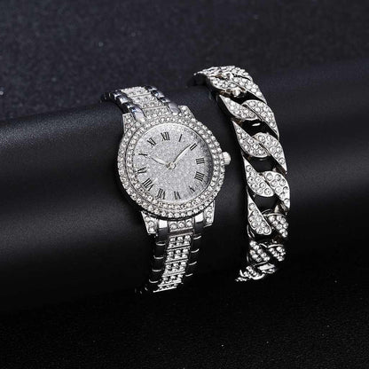 Fashion Full Crystal Diamond Roman Literal Steel Band Watches Bracelet Set for Men Women HipHop Diamond Wrist Watch Bracelet Set