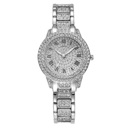 Fashion Full Crystal Diamond Roman Literal Steel Band Watches Bracelet Set for Men Women HipHop Diamond Wrist Watch Bracelet Set