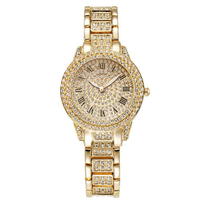 Fashion Full Crystal Diamond Roman Literal Steel Band Watches Bracelet Set for Men Women HipHop Diamond Wrist Watch Bracelet Set