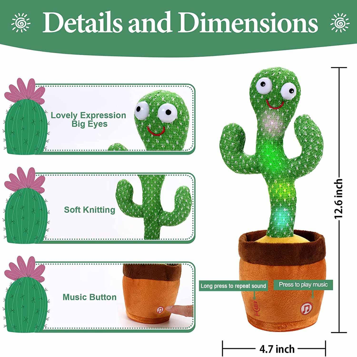 Dancing Cactus Baby Toys for Girls Boys, Talking Cactus Baby Toy 0-6